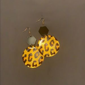 Round Leopard & Black Hexagon Earrings